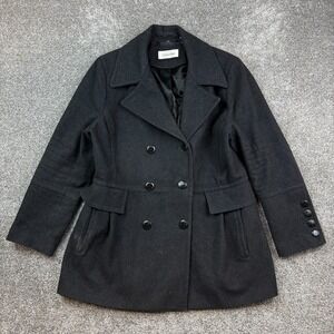 Calvin Klein Pea Coat Women's Large Black Wool Blend Military Style Buttons Over
